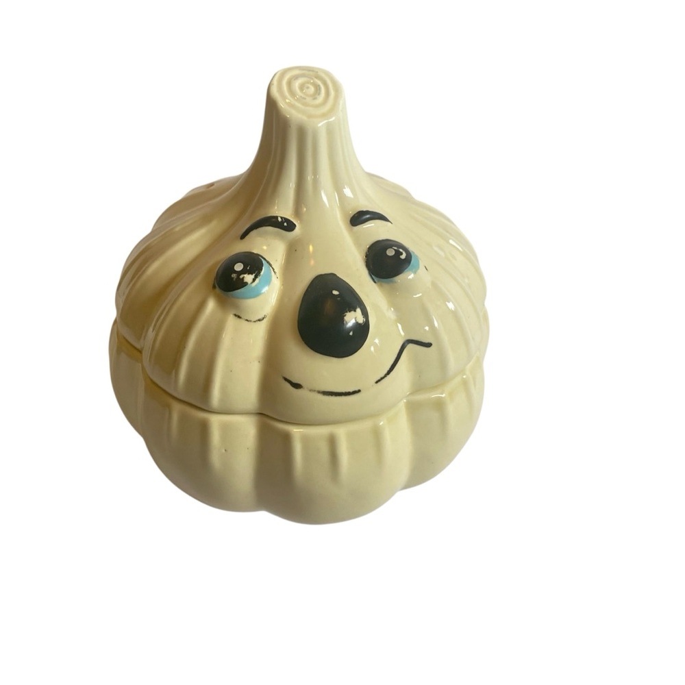 Vintage Large Ceramic Garlic Container Holder Pot Anthropomorphic Face Kitchen